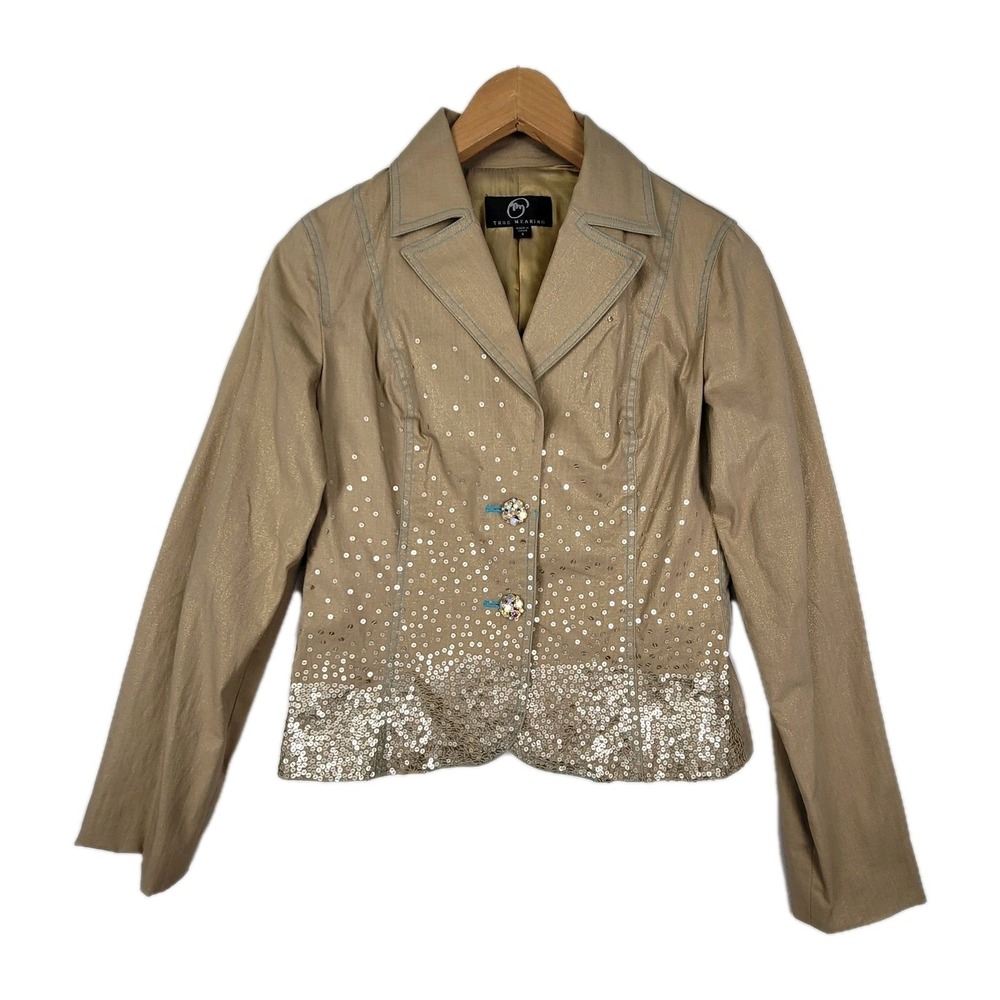 TRUE MEANING VTG SEQUIN EMBELLISHED TAN SILVER VENING BLAZER JACKET SIZE 6